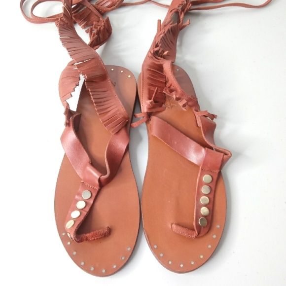 Zara Trafaluc Women's Leather Stud Detail Gladiator Fringe Strappy Flat Sandals - Picture 4 of 11